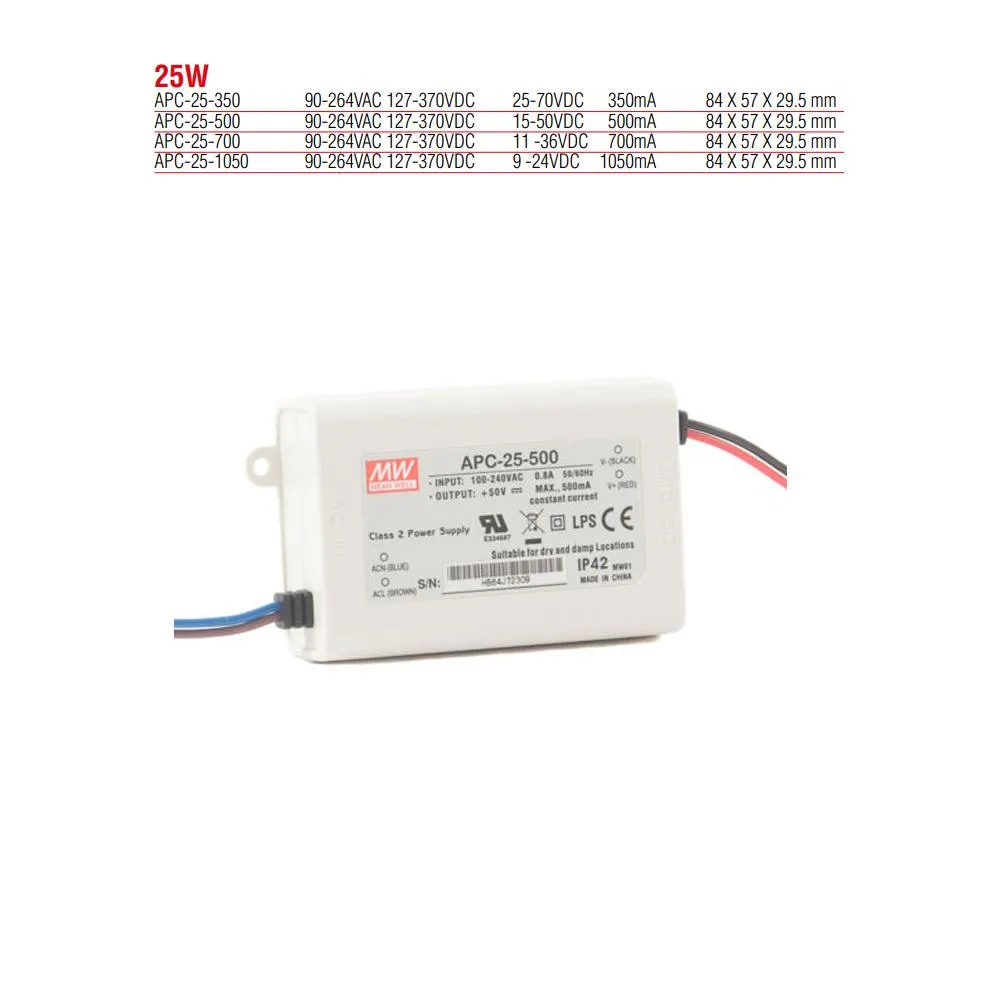 محول طاقة LED ذو تيار ثابت APC-25-500 من Meanwell بقدرة 25 واط