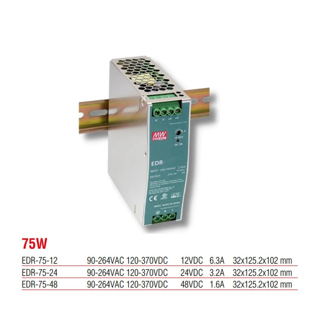 EDR-75-48 Meanwell 75 Watt 48 Vdc 1,6 Amp Schaltnetzteil für Schienenmontage