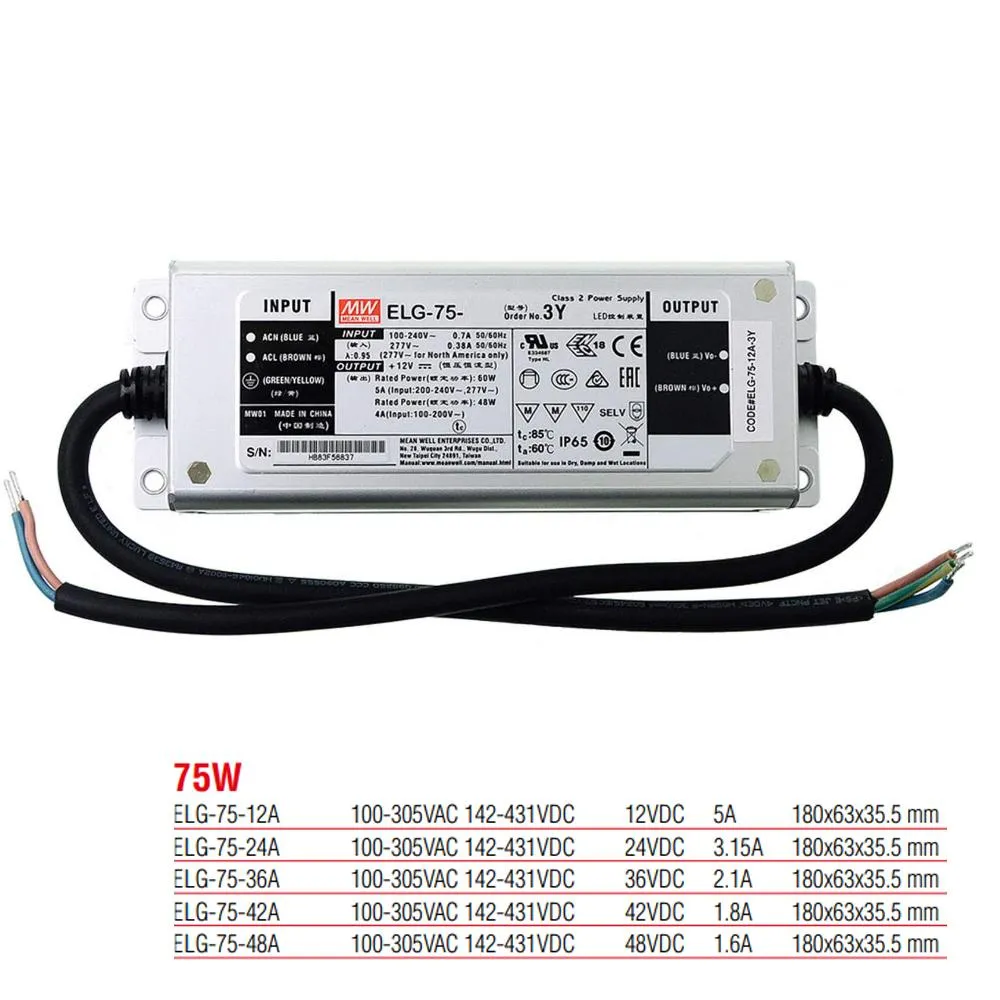 ELG-75-12A Meanwell 75 Watt IP67 PFC-Funktion Metallgehäuse Netzteil