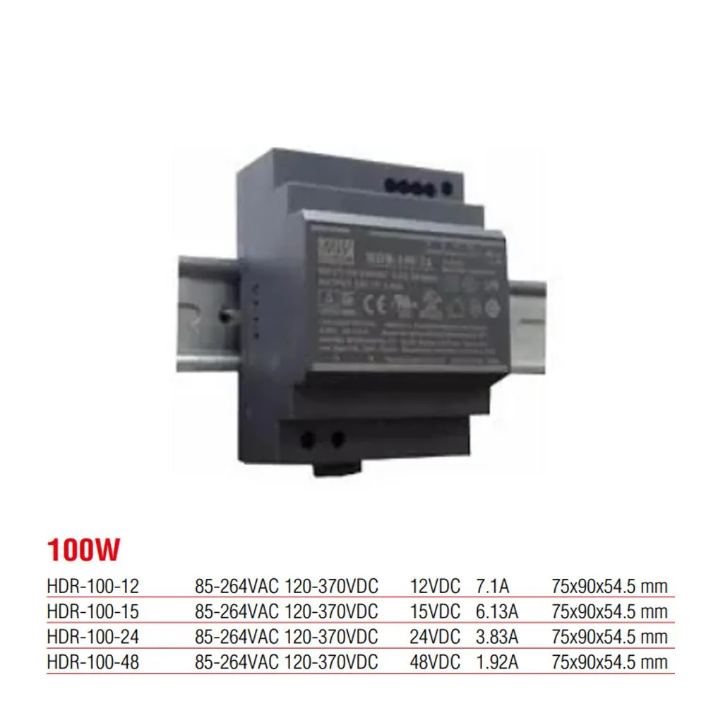 HDR-100-48 Meanwell 100 Watt 48 Vdc 1.92 Amp Plastic Case Rail Type Power Supply