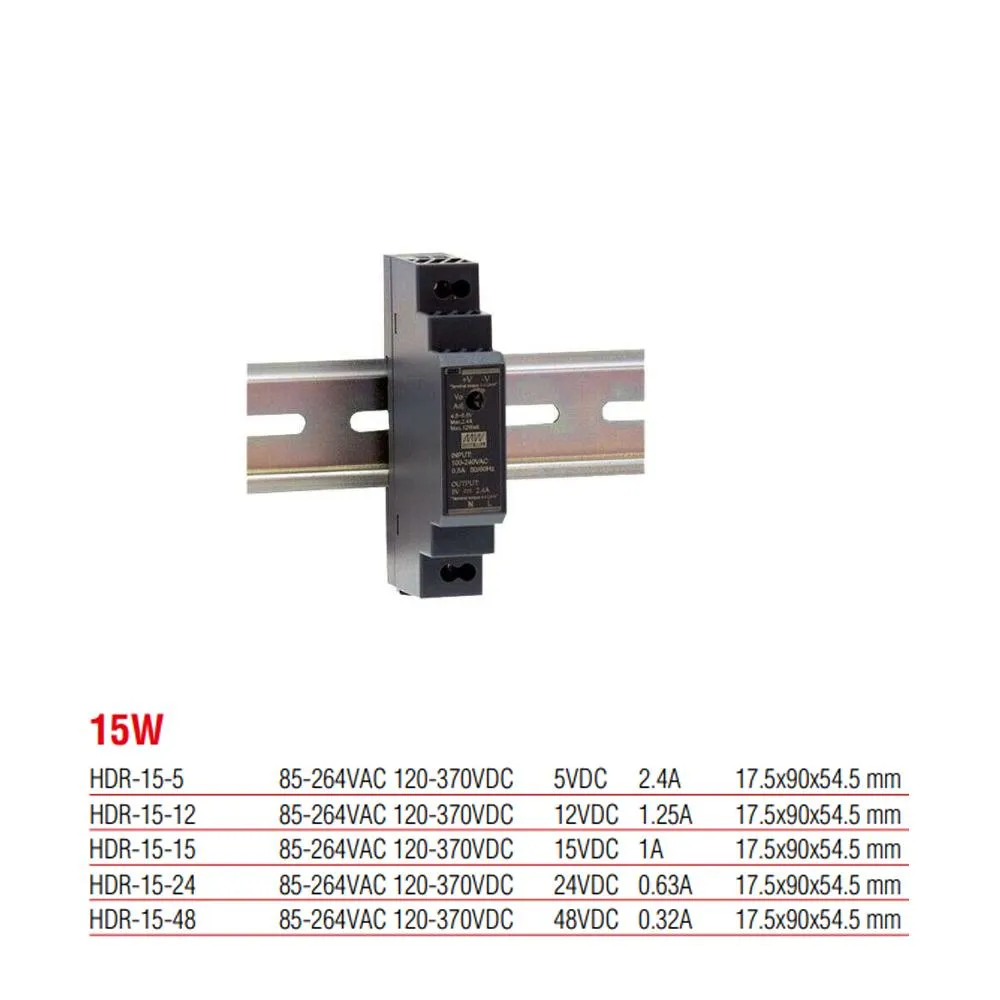 HDR-15-48 Meanwell 15 Watt 48 Vdc 0.32 Amper Plastik Kasa Ray Tipi Güç Kaynağı