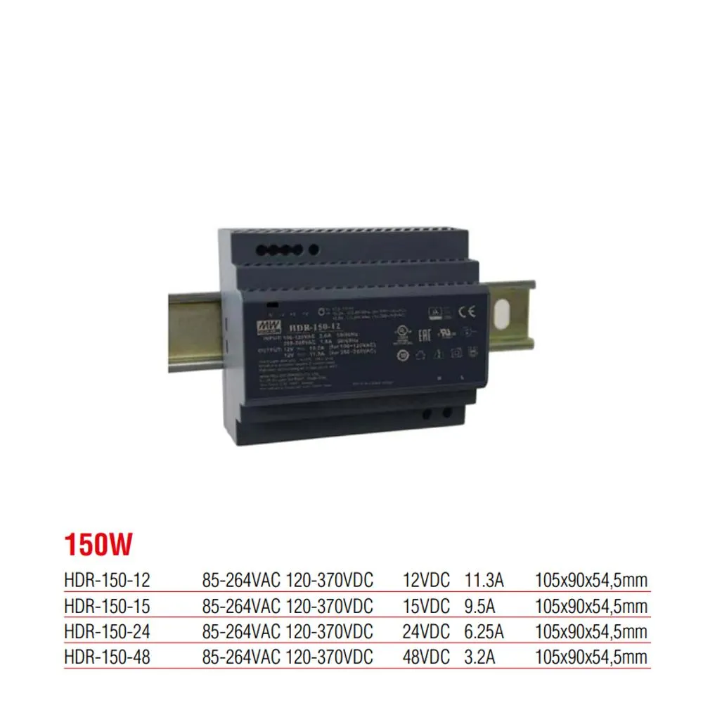 Meanwell HDR-150-24 150 Watt 24 V DC 6,25 Ampere Kunststoffgehäuse-Schienennetzteil