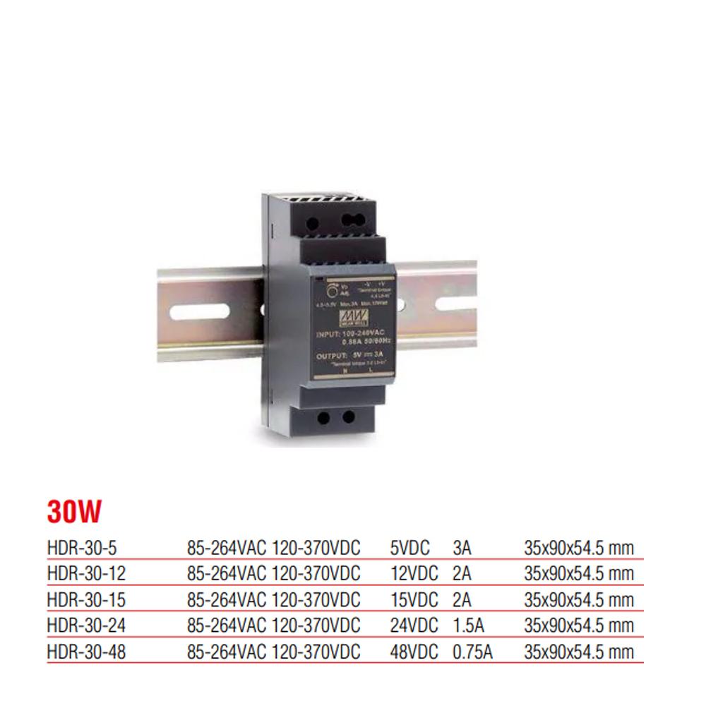 HDR-30-24 Meanwell 30 Watt 24 Vdc 1.5 Amper Plastik Kasa Ray Tipi Güç Kaynağı