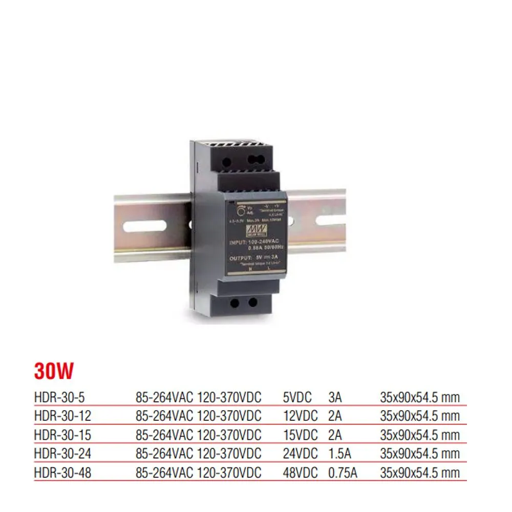 HDR-30-24 Meanwell 30 Watt 24 Vdc 1.5 Amper Plastik Kasa Ray Tipi Güç Kaynağı