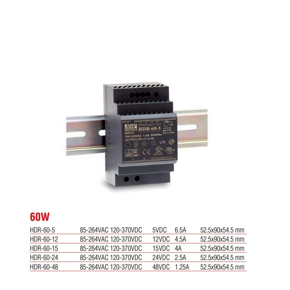 HDR-60-48 Meanwell 60 Watt 48 Vdc 1.25 Amper Plastik Kasa Ray Tipi Güç Kaynağı