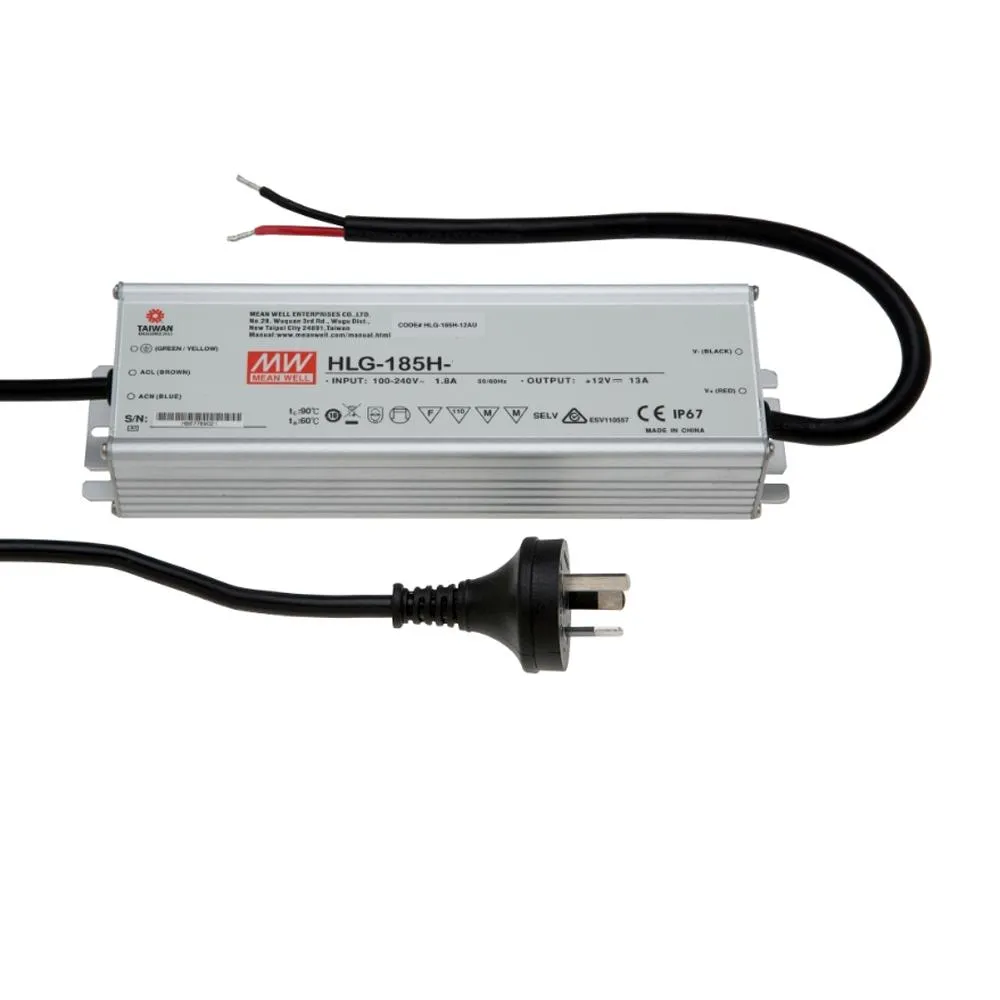 مزود طاقة معدني HLG-185H-12A من مينويل بقدرة 185 وات، حاصل على تصنيف IP67، مزود بوظيفة تصحيح معامل القدرة (PFC).