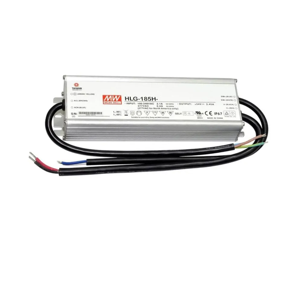 مزودات طاقة LED قابلة للتعتيم HLG-185H-12B من Meanwell بقدرة 185 وات، حاصلة على تصنيف IP67، 3 في 1