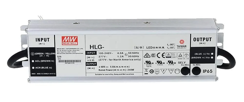 مزودات طاقة LED قابلة للتعتيم HLG-240H-42B من Meanwell بقدرة 240 وات، حاصلة على تصنيف IP67، 3 في 1