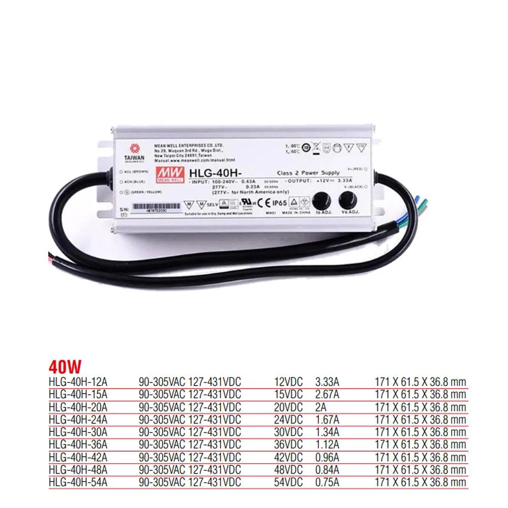HLG-40H-12A Meanwell 40 Watt İp67 Pfc Fonksiyonlu Metal Kasa Güç Kaynağı