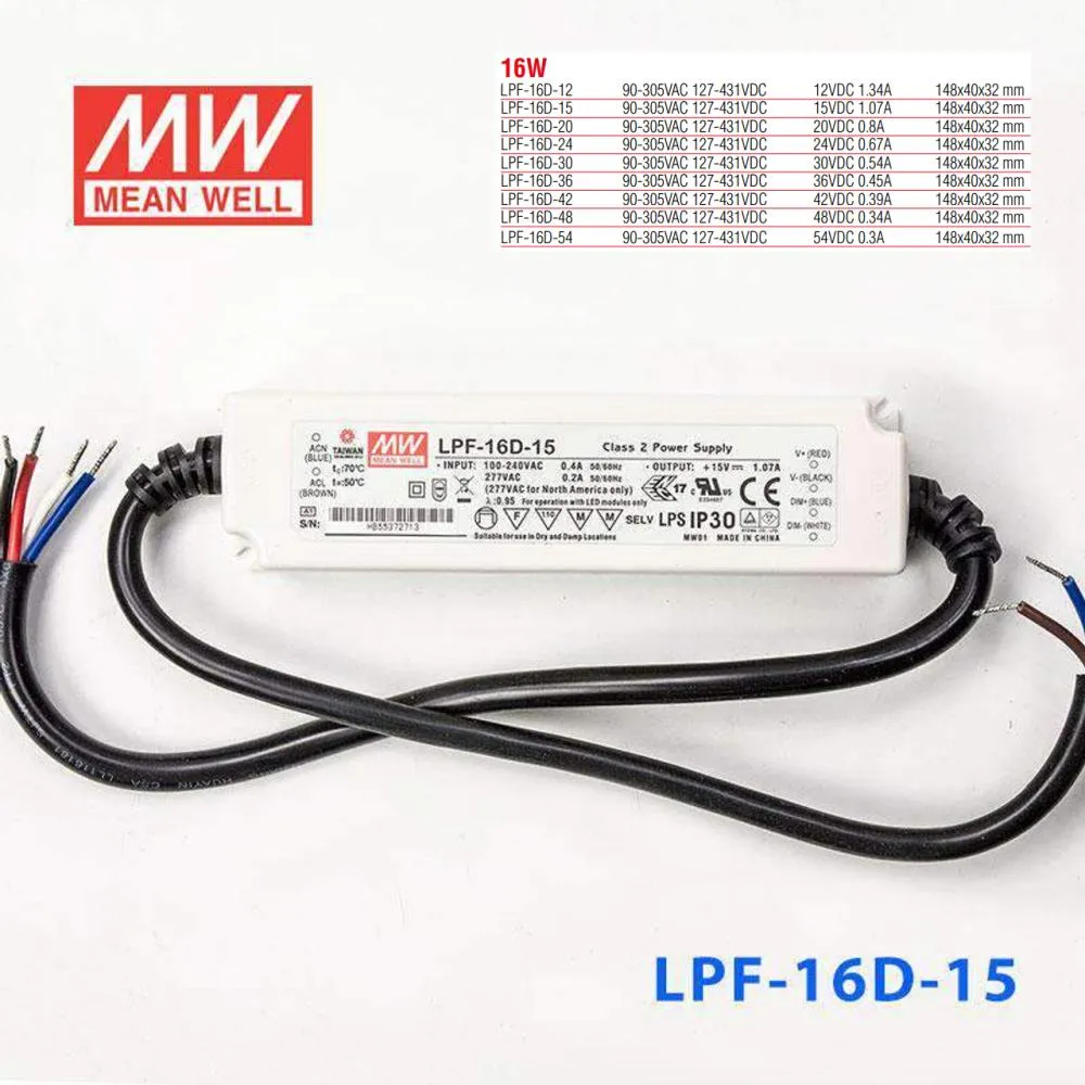 LPF-16D-15 Meanwell 16W Dimmable LED Power Supply (Transformer)