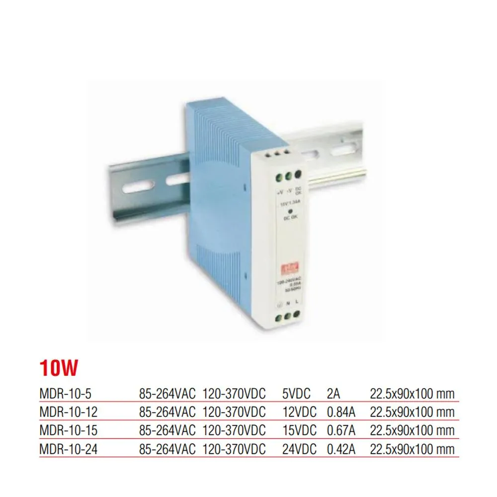 Meanwell MDR-10-24 10 Watt 24 V DC 0,42 Ampere Netzteil mit Kunststoffgehäuse und Schienenmontage