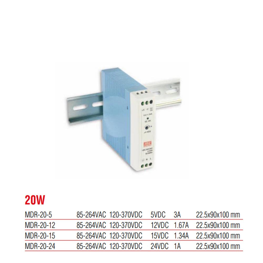 MDR-20-15  Meanwell 20 Watt 15 Vdc 1.34 Amper Plastik Kasa Ray Tipi Güç Kaynağı