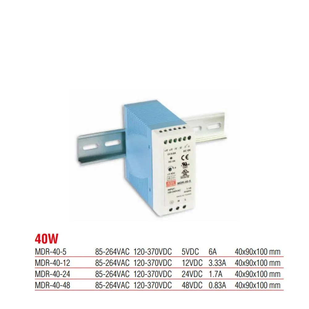 MDR-40-48 Meanwell 40 Watt 48 Vdc 0.83 Amper Plastik Kasa Ray Tipi Güç Kaynağı