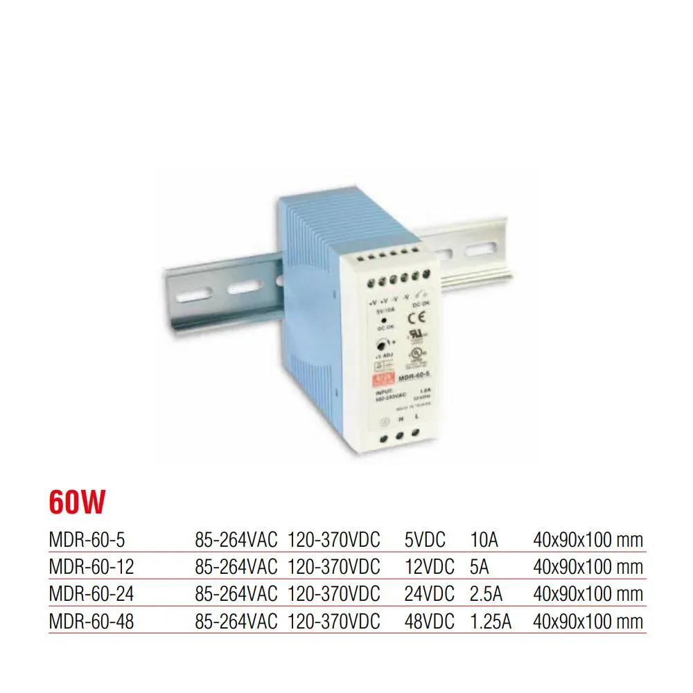 MDR-60-48 Meanwell 60 Watt 48 Vdc 1.25 Amper Plastik Kasa Ray Tipi Güç Kaynağı