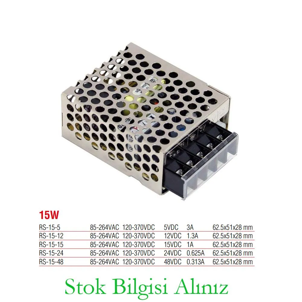 Meanwell RS-15-24 Yüksek Verimli 15 Watt 24Vdc 0.625  Amper Standart Güç Kaynağı