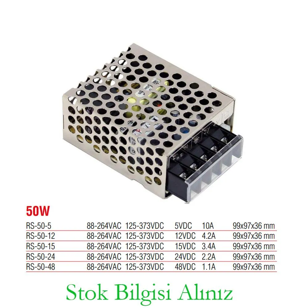 Meanwell RS-50-24 Yüksek Verimli 50 Watt 24 Vdc 2.2 Amper Standart Güç Kaynağı