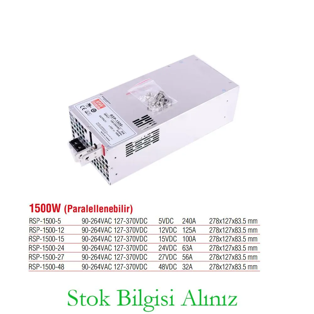 Meanwell RSP-1500-15 Yüksek Verimli 1500 Watt Paralellenebilir 15 Vdc 100 Amper Standart Güç Kaynağı