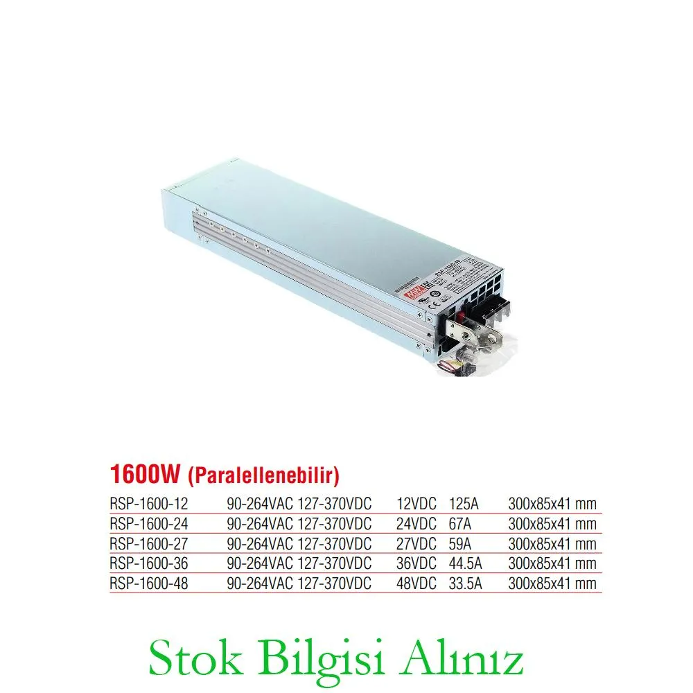 مزود طاقة Meanwell RSP-1600-27 عالي الكفاءة بقدرة 1600 واط، قابل للتوصيل المتوازي، يعمل بجهد 27 فولت تيار مستمر وتيار 59 أمبير.