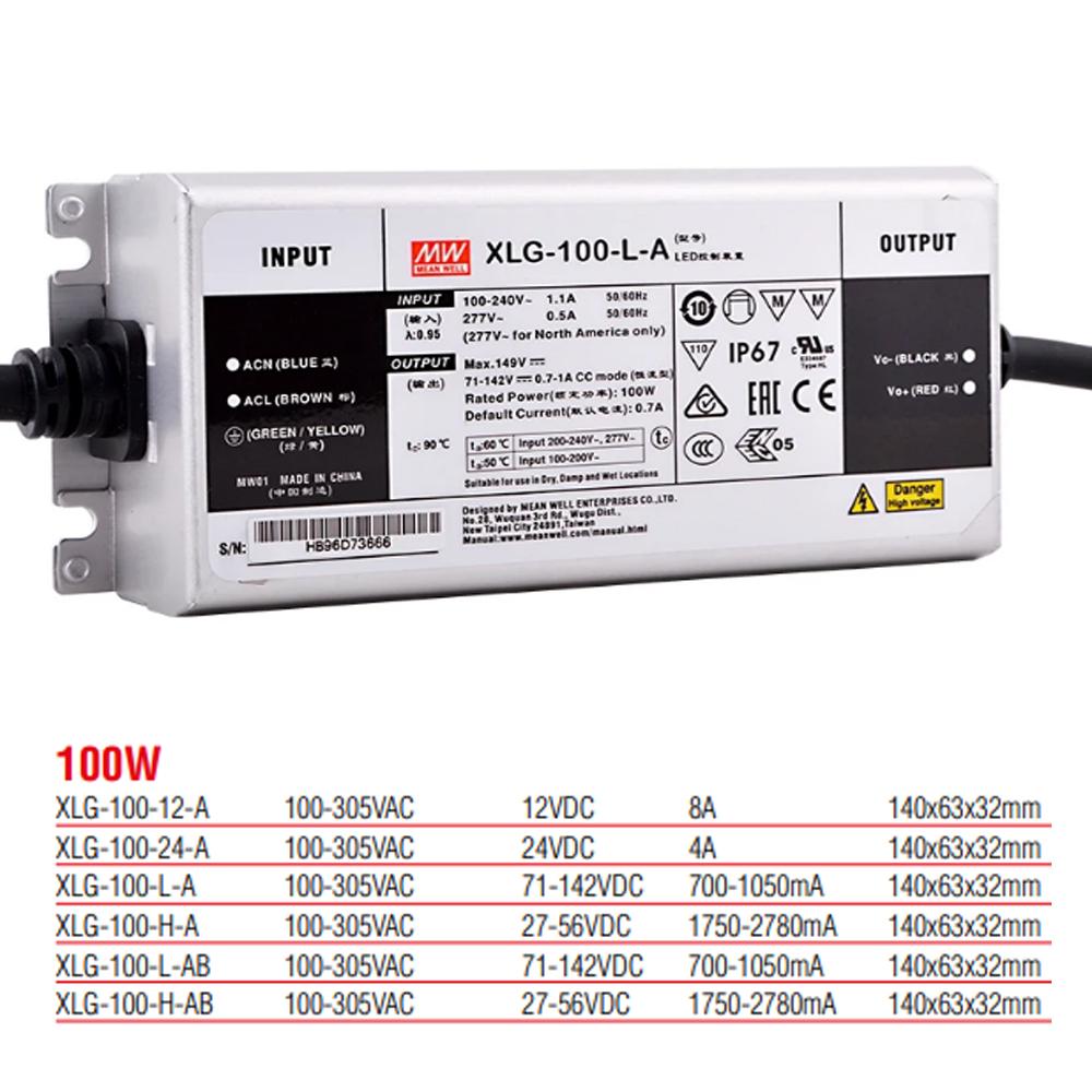 مزود طاقة قابل للتعديل XLG-100-L-A من مينويل بقدرة 100 واط، تيار ثابت 700-1050 مللي أمبير
