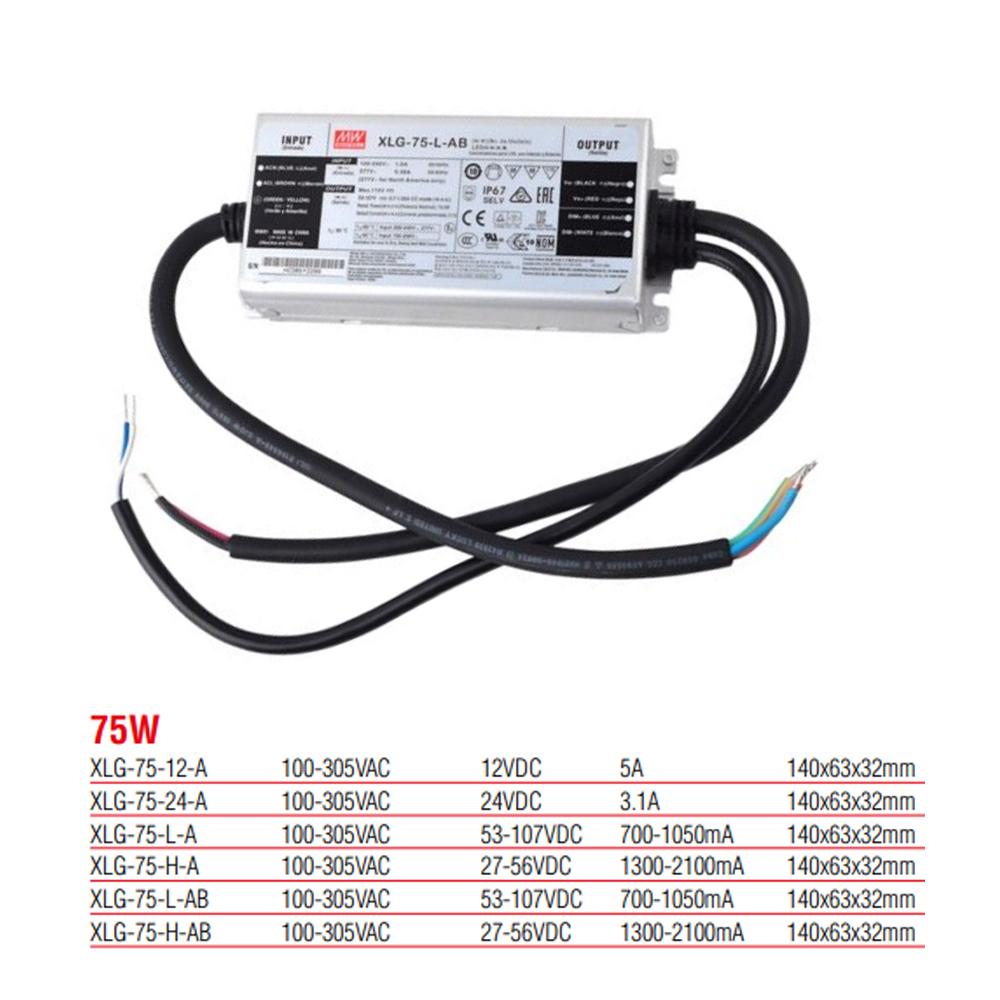 مزود طاقة قابل للتعديل XLG-75-L-AB من مينويل، بقدرة 75 واط، تيار ثابت 700-1050 مللي أمبير