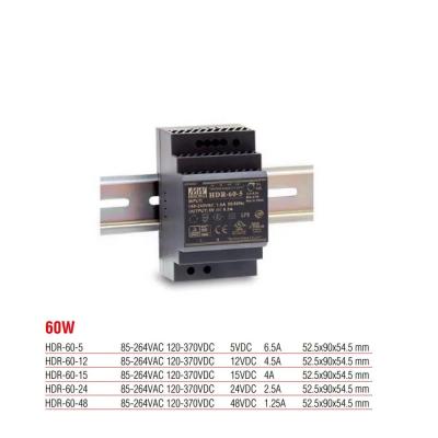 Meanwell HDR-60-15 60 Watt 15 V DC 4 Ampere Kunststoffgehäuse-Netzteil (Schienenmontage)